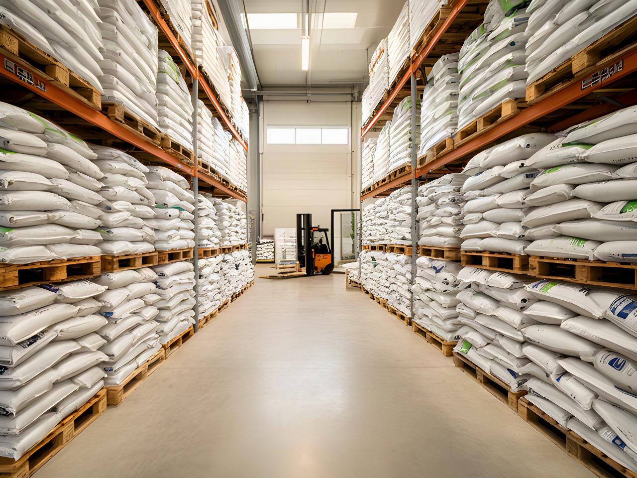 Sacchi professionali di fertilizzante sistemati in un magazzino agricolo pulito e illuminato
