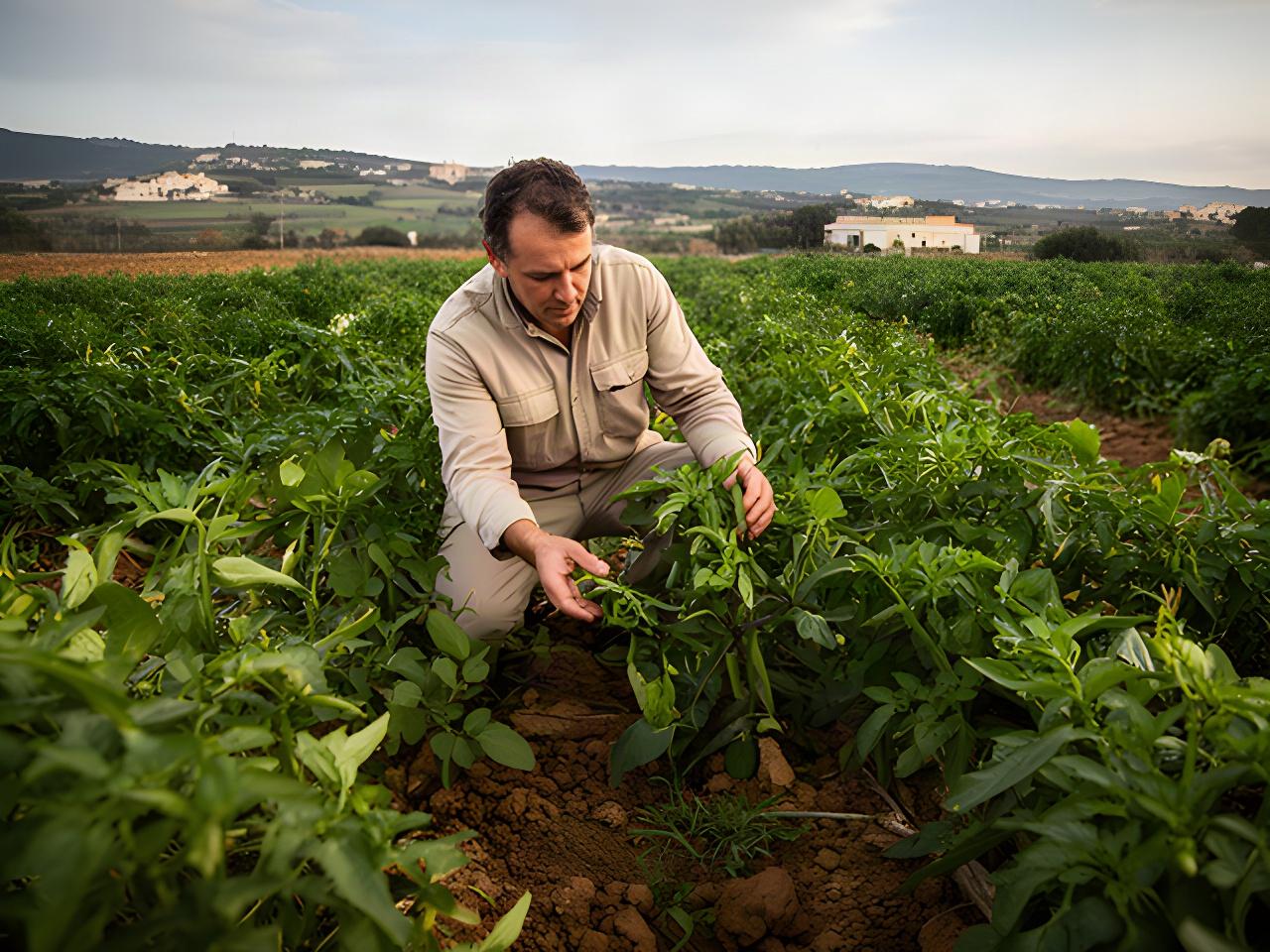 Tecnico agricolo in un appezzamento coltivato nella zona rurale di Sassari, con terreno e piante osservati da vicino