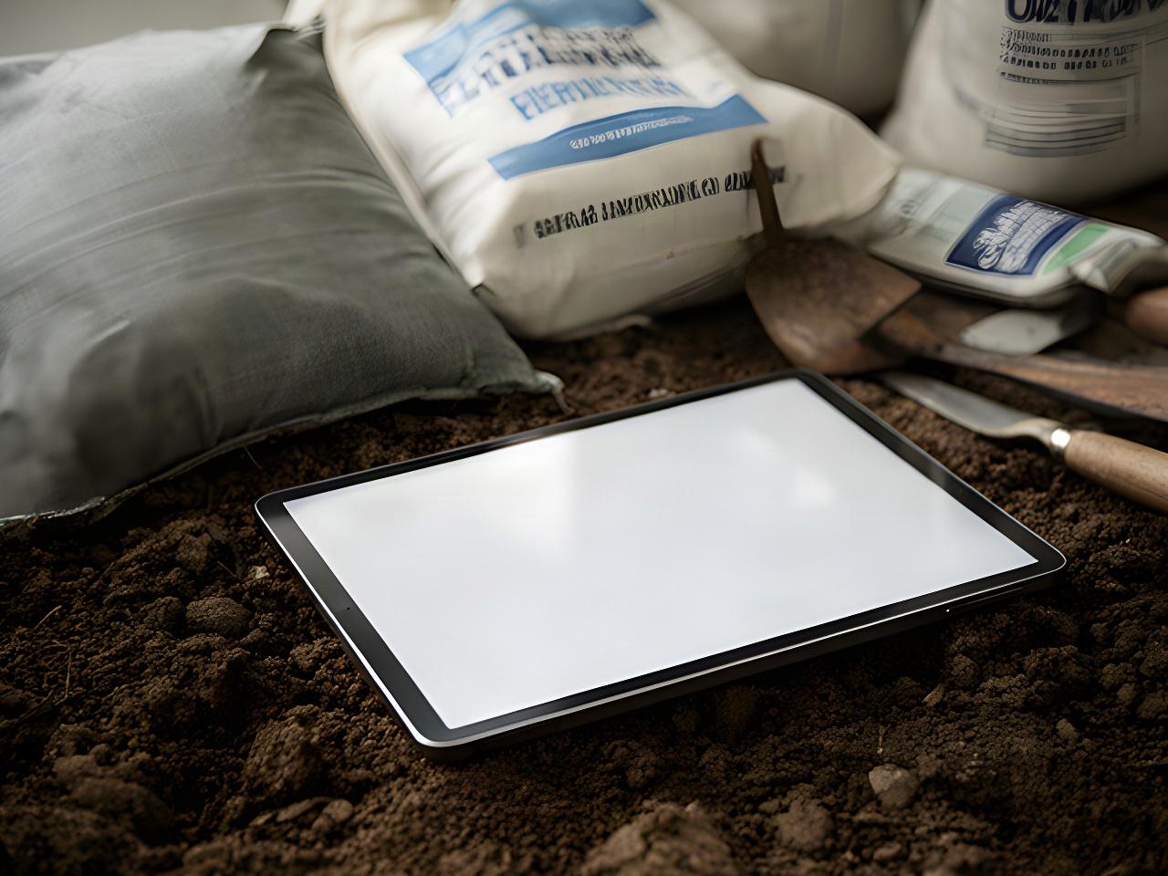 Tablet con scheda agronomica accanto a campioni di terreno e sacchi di fertilizzante