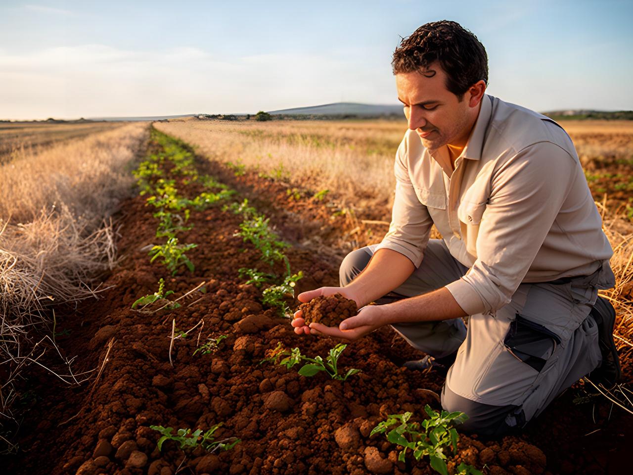 Tecnico agricolo che esamina il terreno di un appezzamento vicino a Tàttari