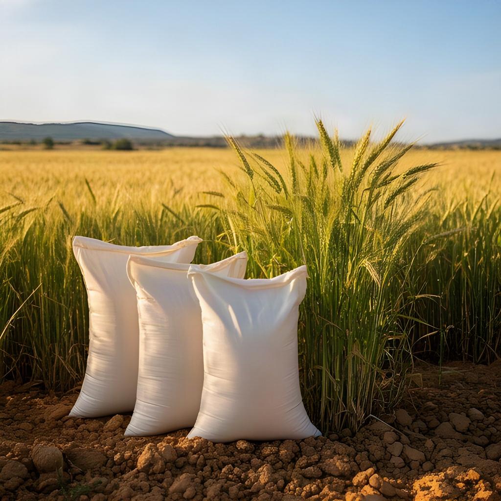Sacchi di fertilizzante professionale accanto a una pianta di grano sana in un campo sardo